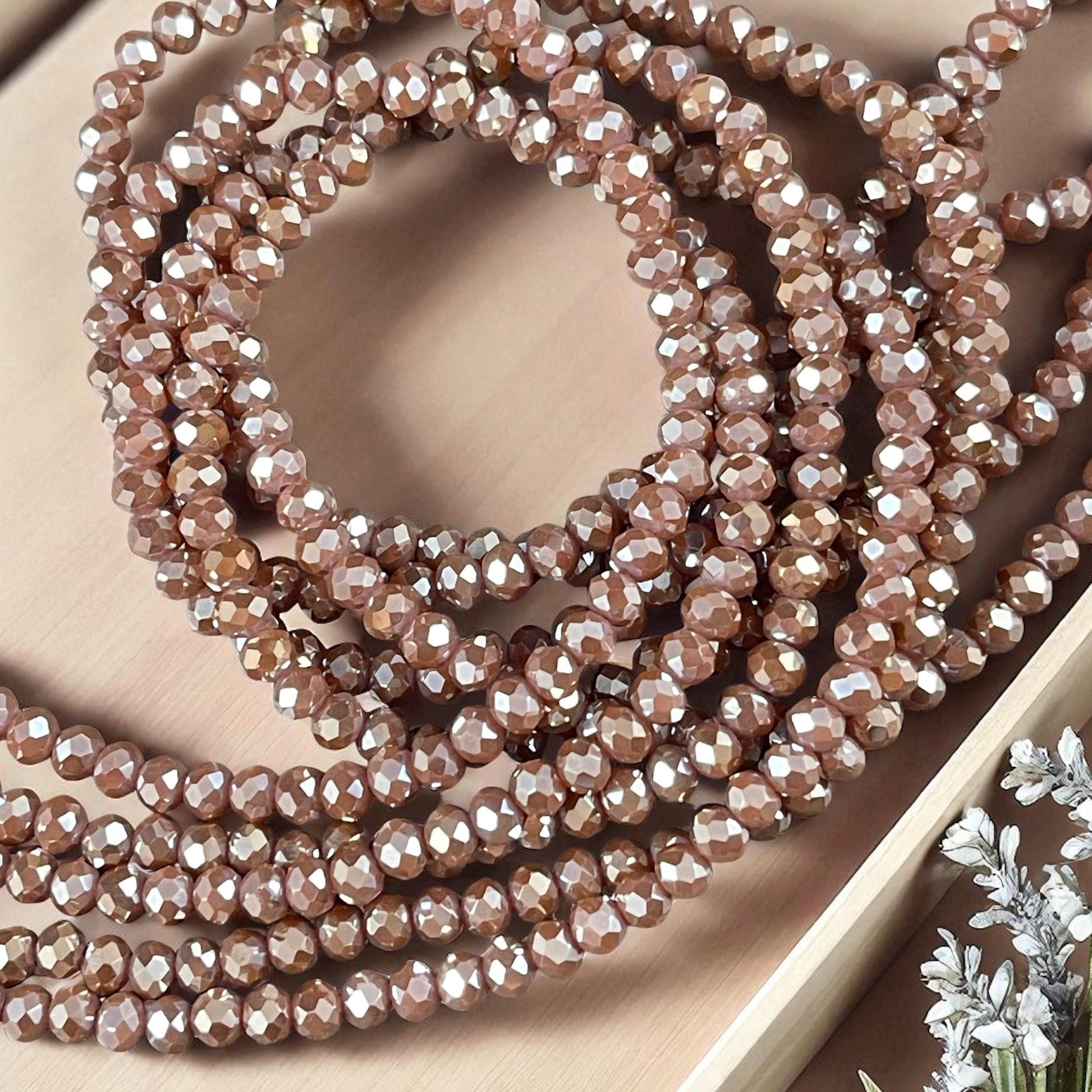 Light Brown 4x3mm Faceted Glass Beads, Opaque Mocha with AB Finish (MochaAB-4) * 100 Beads