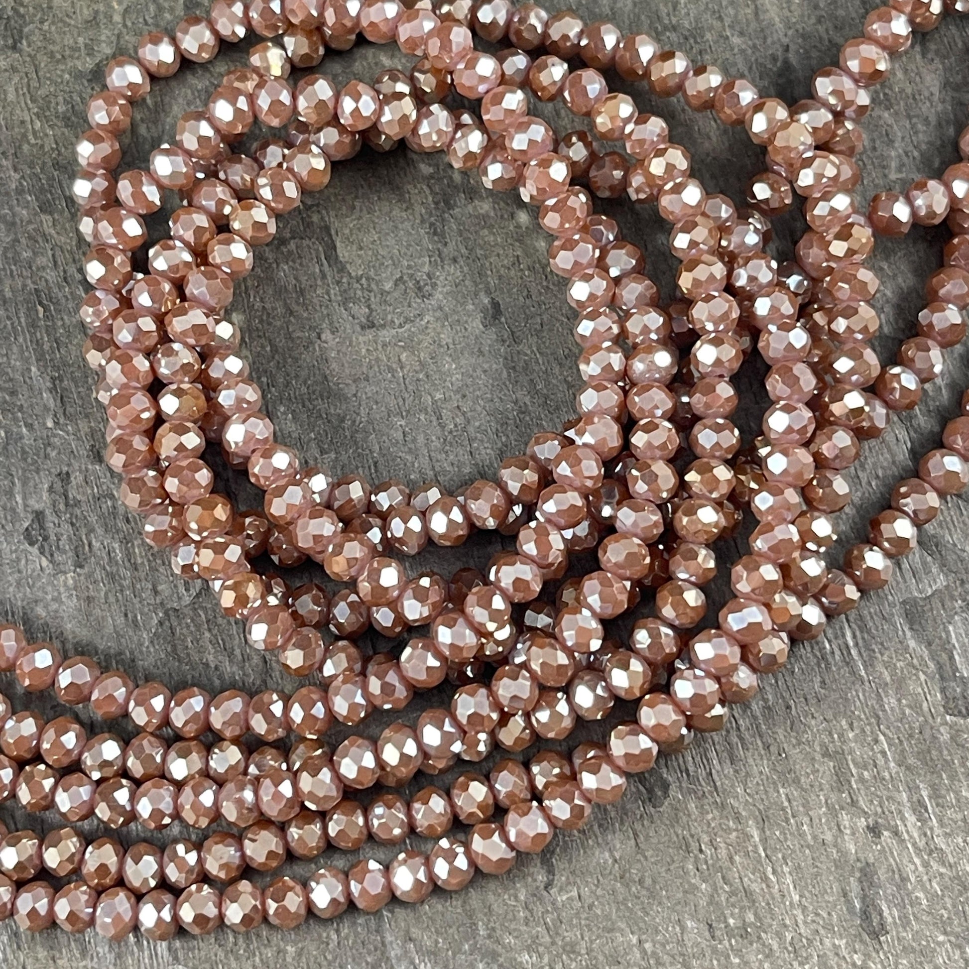 Light Brown 4x3mm Faceted Glass Beads, Opaque Mocha with AB Finish (MochaAB-4) * 100 Beads