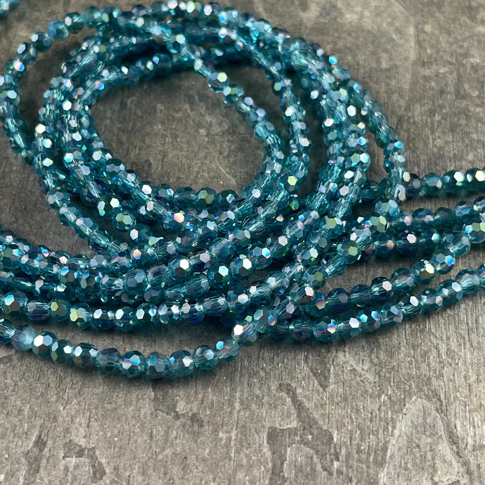 Transparent Teal Blue 4mm Round Faceted Glass Beads, Teal with AB Finish (TealAB-4) * 90 Beads
