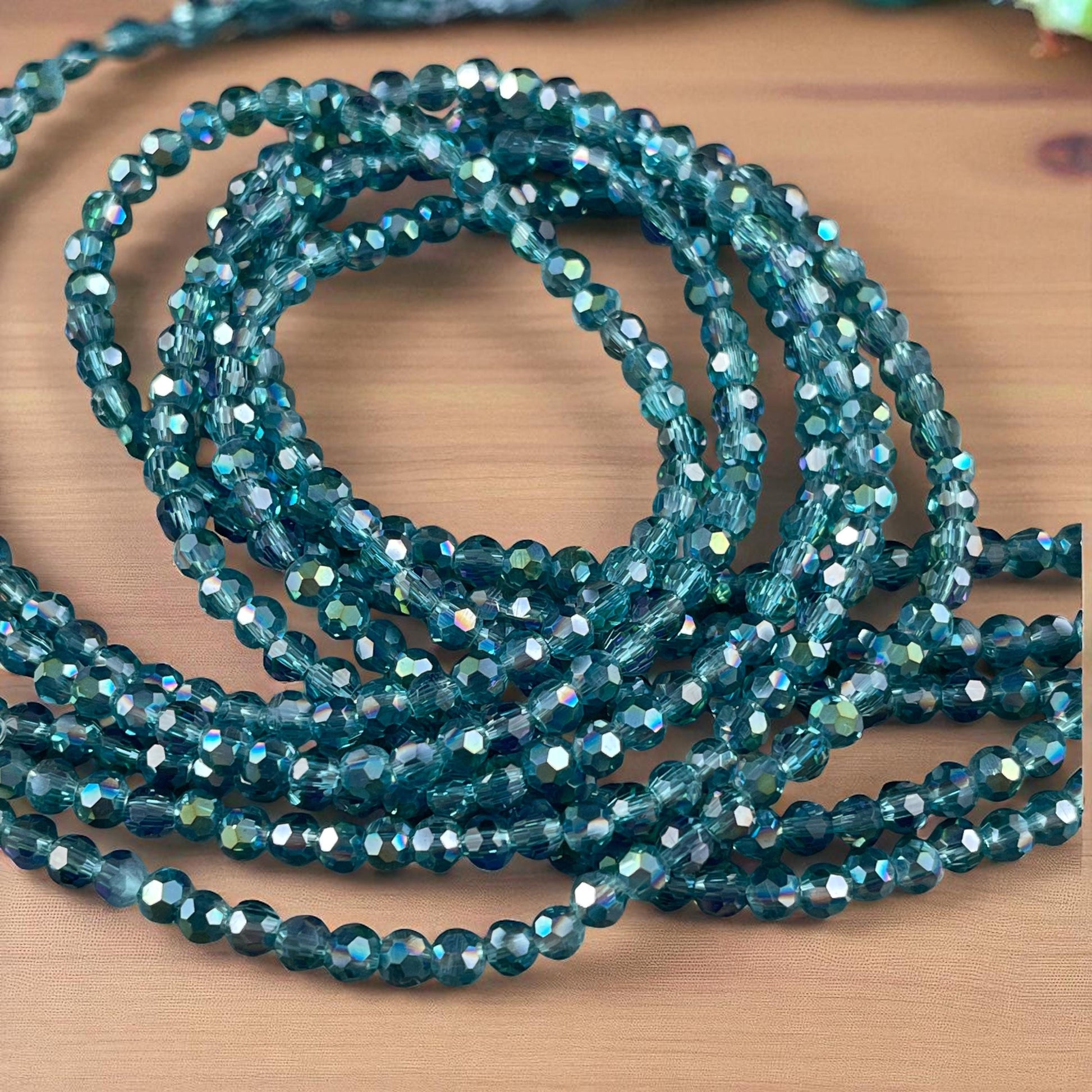 Transparent Teal Blue 4mm Round Faceted Glass Beads, Teal with AB Finish (TealAB-4) * 90 Beads