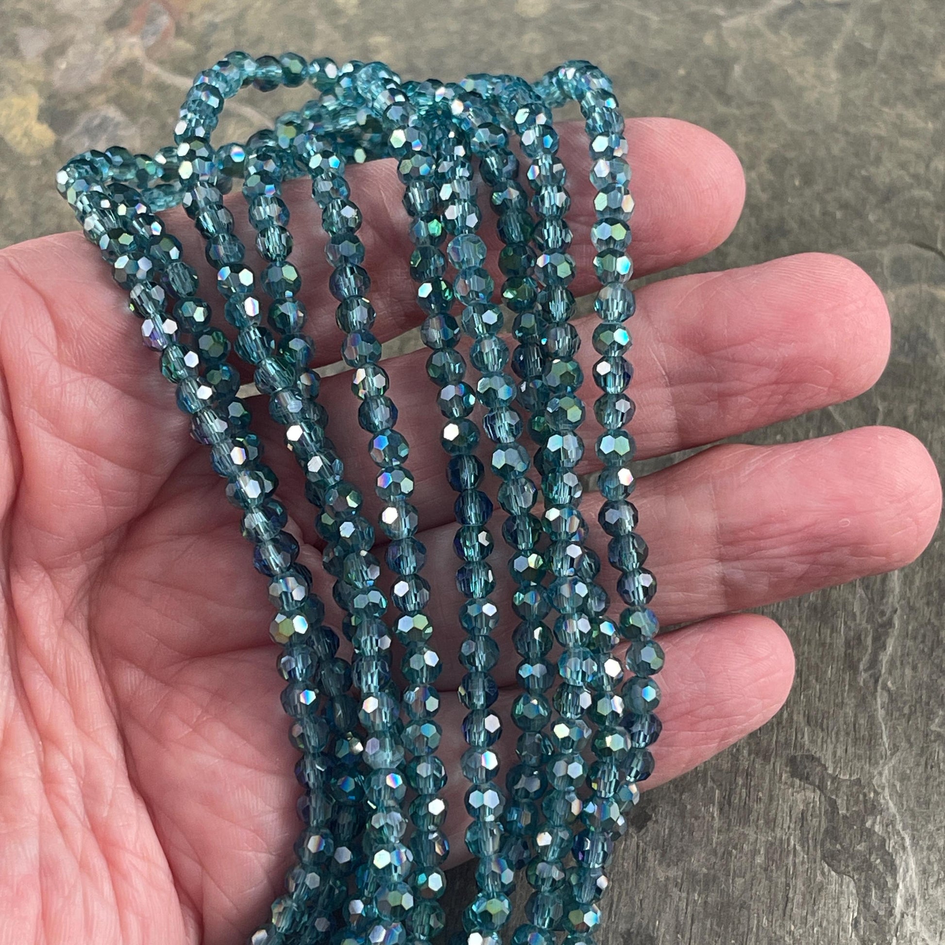 Transparent Teal Blue 4mm Round Faceted Glass Beads, Teal with AB Finish (TealAB-4) * 90 Beads