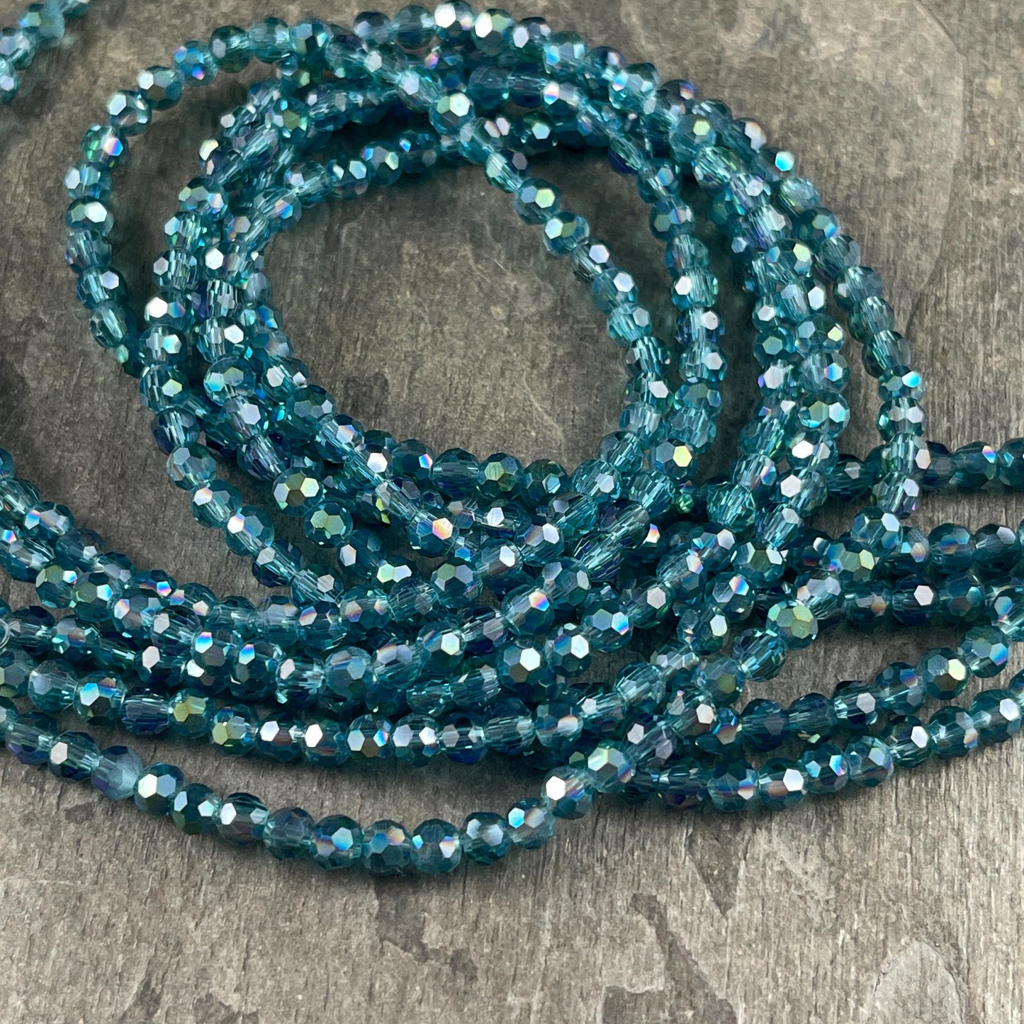 Transparent Teal Blue 4mm Round Faceted Glass Beads, Teal with AB Finish (TealAB-4) * 90 Beads