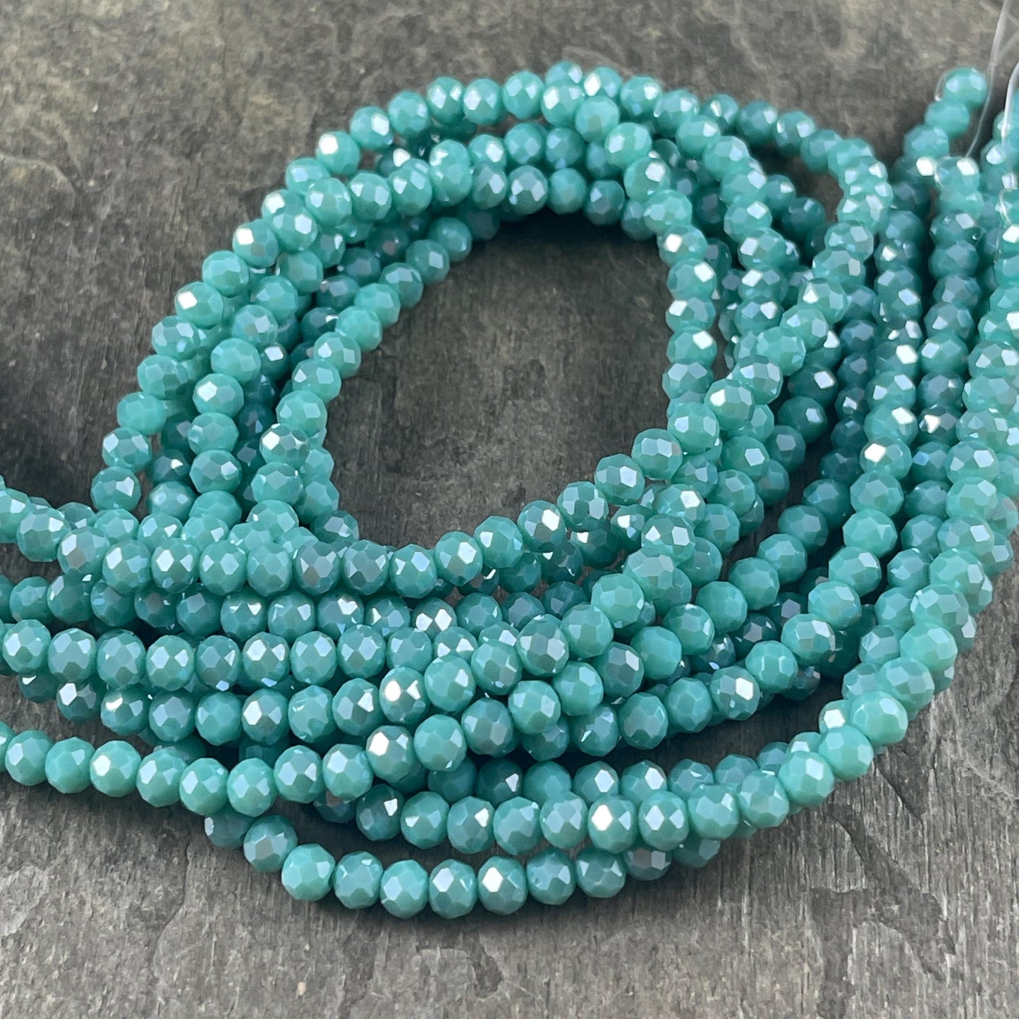 Turquoise Blue 4x3mm Faceted Glass Beads, Opaque Turquoise with AB Finish (TurquoiseAB-4) * 100 Beads