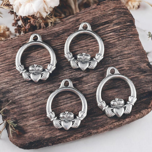 TierraCast Claddagh, Antiqued Silver Celtic Charms, Irish Symbolic Charm (PF/536-77) * Qty. 4