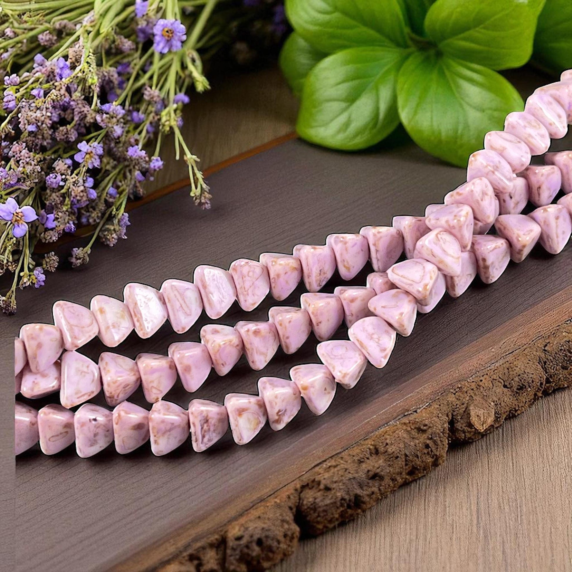 5mm Pyramid Beads, Alabaster with Thistle Purple Picasso, Small Triangle Beads (TP2) * 35 Beads
