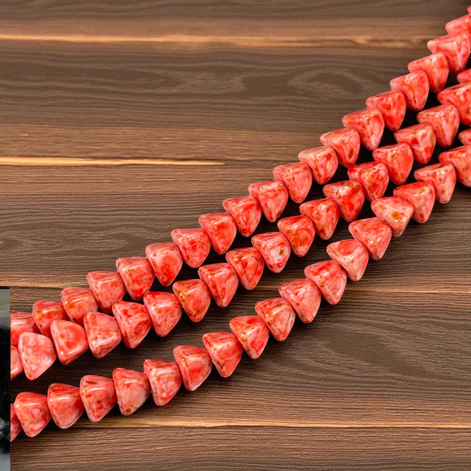 5mm Pyramid Beads, Alabaster with Coral Picasso, Small Triangle Beads (TP8) * 35 Beads