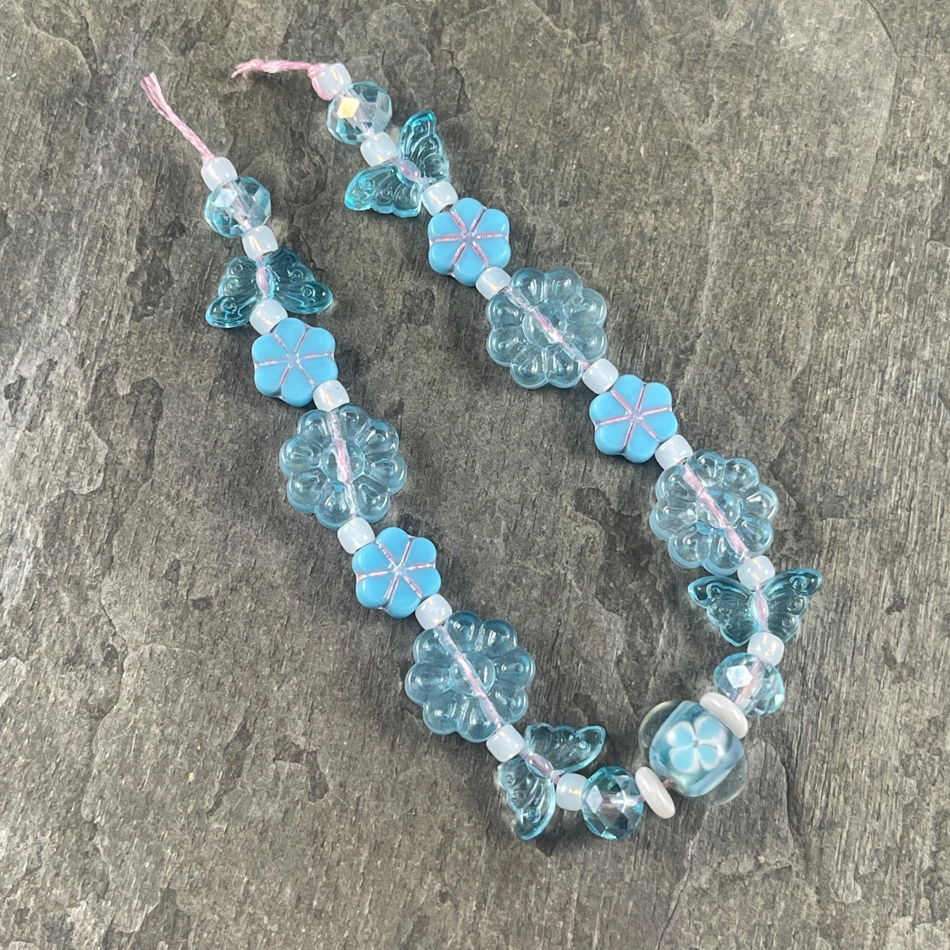 Butterfly and Flower Beads - Light Blue, Nature Theme, Lampwork and Czech Glass Beads - Custom Mix * (CB829.2)