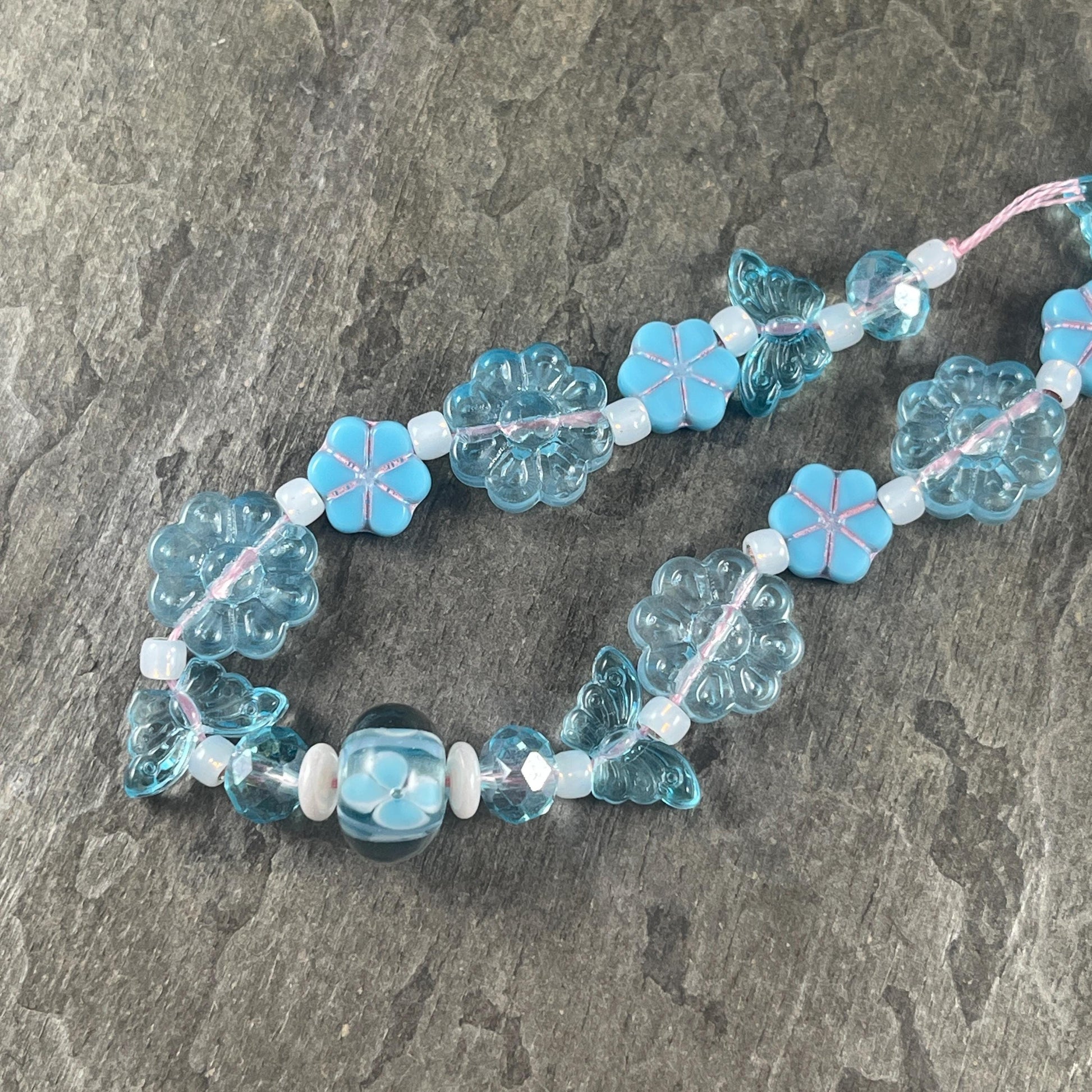 Butterfly and Flower Beads - Light Blue, Nature Theme, Lampwork and Czech Glass Beads - Custom Mix * (CB829.2)