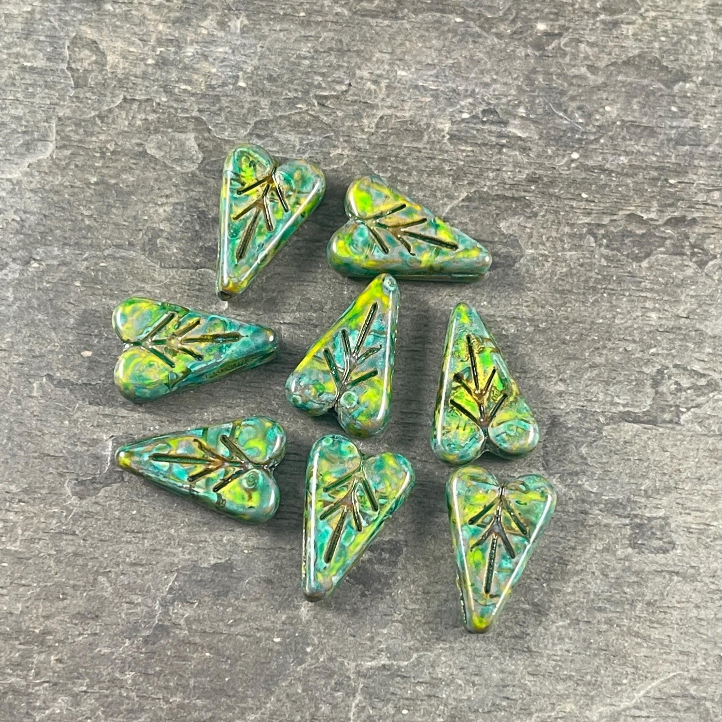 Czech Glass Beads, 16x11mm Elongated Heart Shape Beads, Opaque Rain Forest Green, Yellow and Blue Picasso (PHL11) * Qty. 8