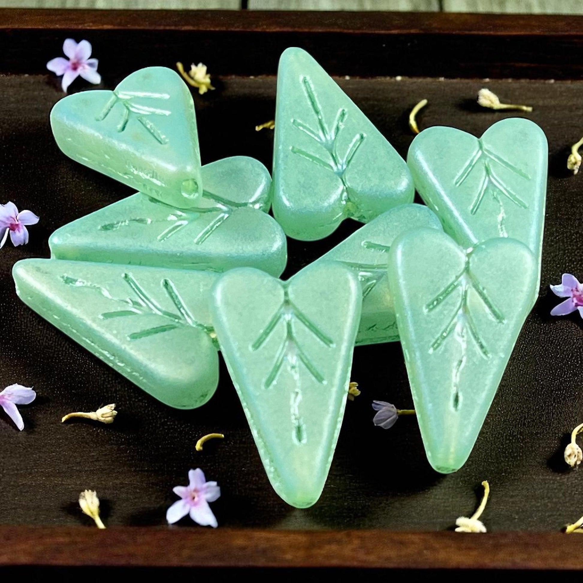 Czech Glass Beads, 16x11mm Elongated Heart Shape Beads, Matte Mint Green with Full AB Finish (PHL14) * Qty. 8