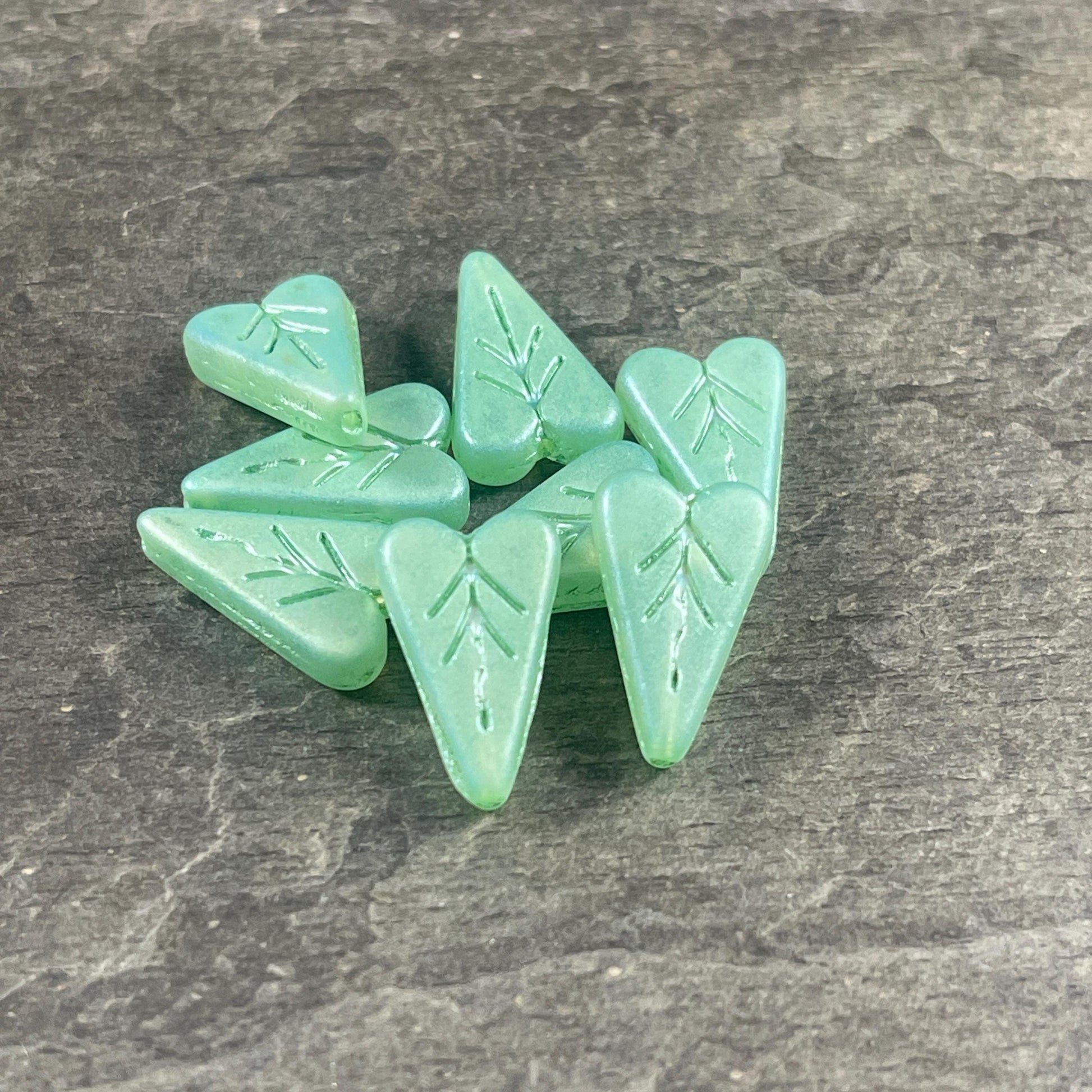 Czech Glass Beads, 16x11mm Elongated Heart Shape Beads, Matte Mint Green with Full AB Finish (PHL14) * Qty. 8