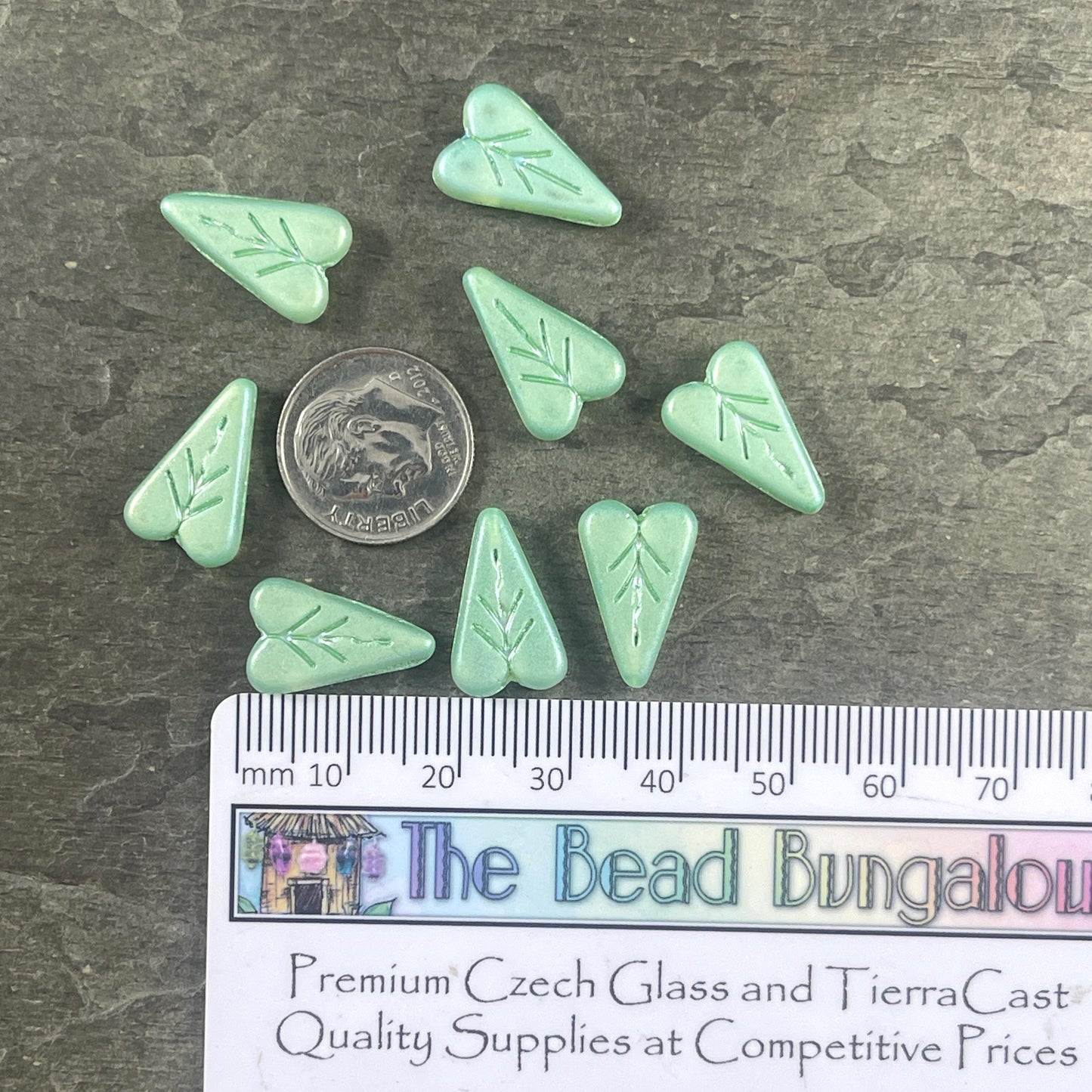 Czech Glass Beads, 16x11mm Elongated Heart Shape Beads, Matte Mint Green with Full AB Finish (PHL14) * Qty. 8