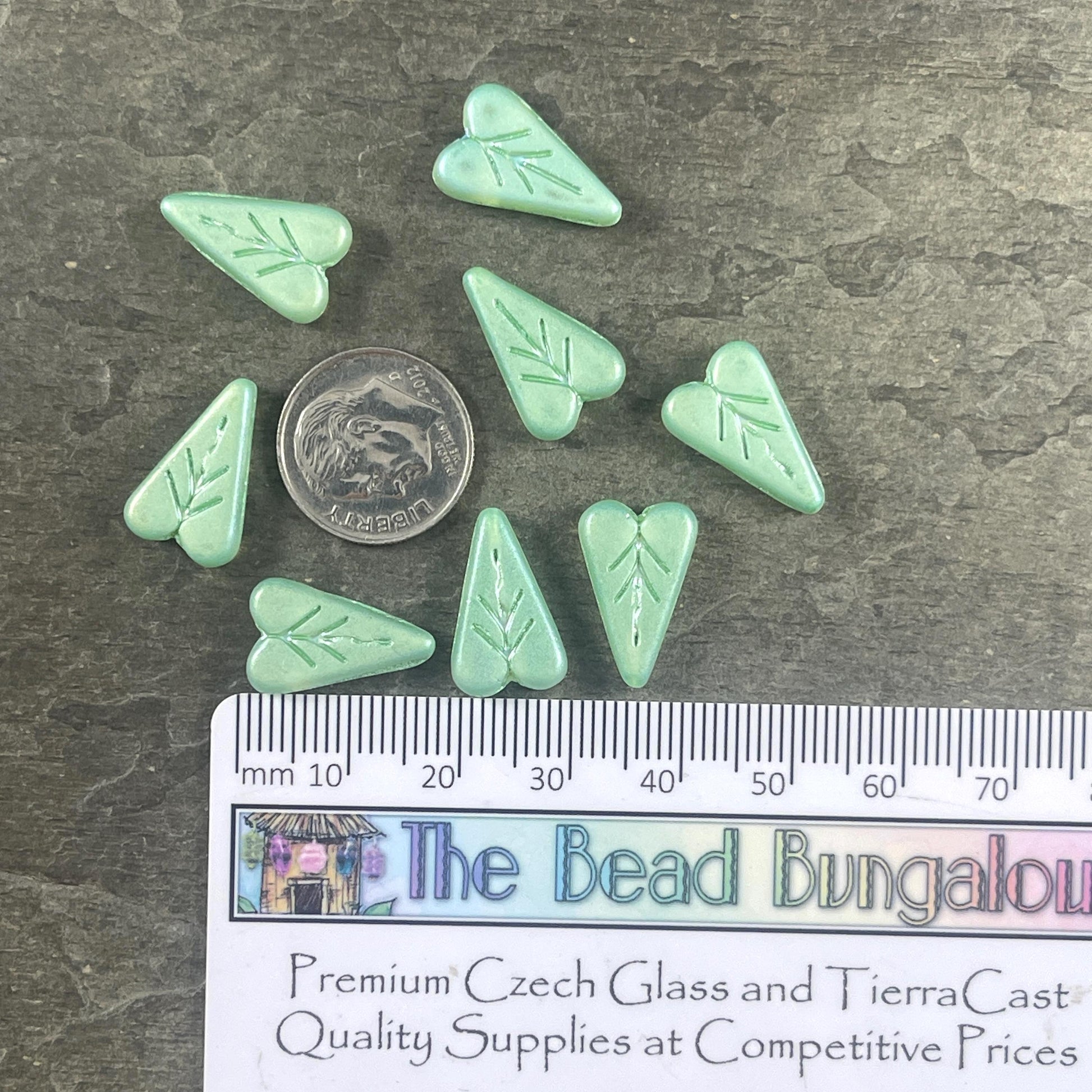 Czech Glass Beads, 16x11mm Elongated Heart Shape Beads, Matte Mint Green with Full AB Finish (PHL14) * Qty. 8