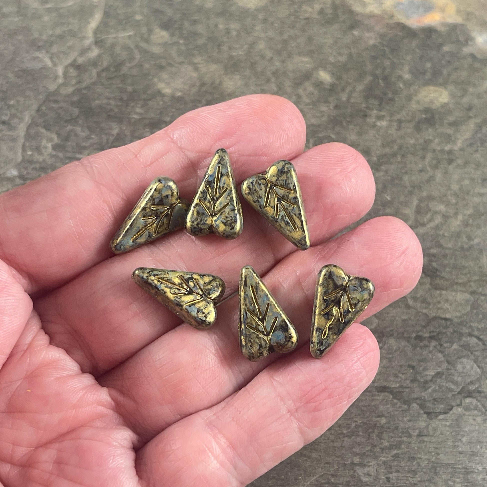 Czech Glass Beads, 16x11mm Elongated Heart Shape Beads, Black with Travertine and Heavy Gold Picasso Finishes (PHL8) * Qty. 8