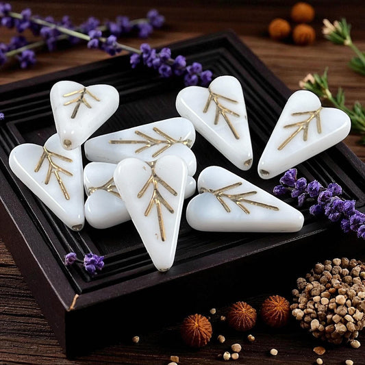Czech Glass Beads, 16x11mm Elongated Heart Shape Beads, White with Antiqued Gold Wash (PHL10) * Qty. 8