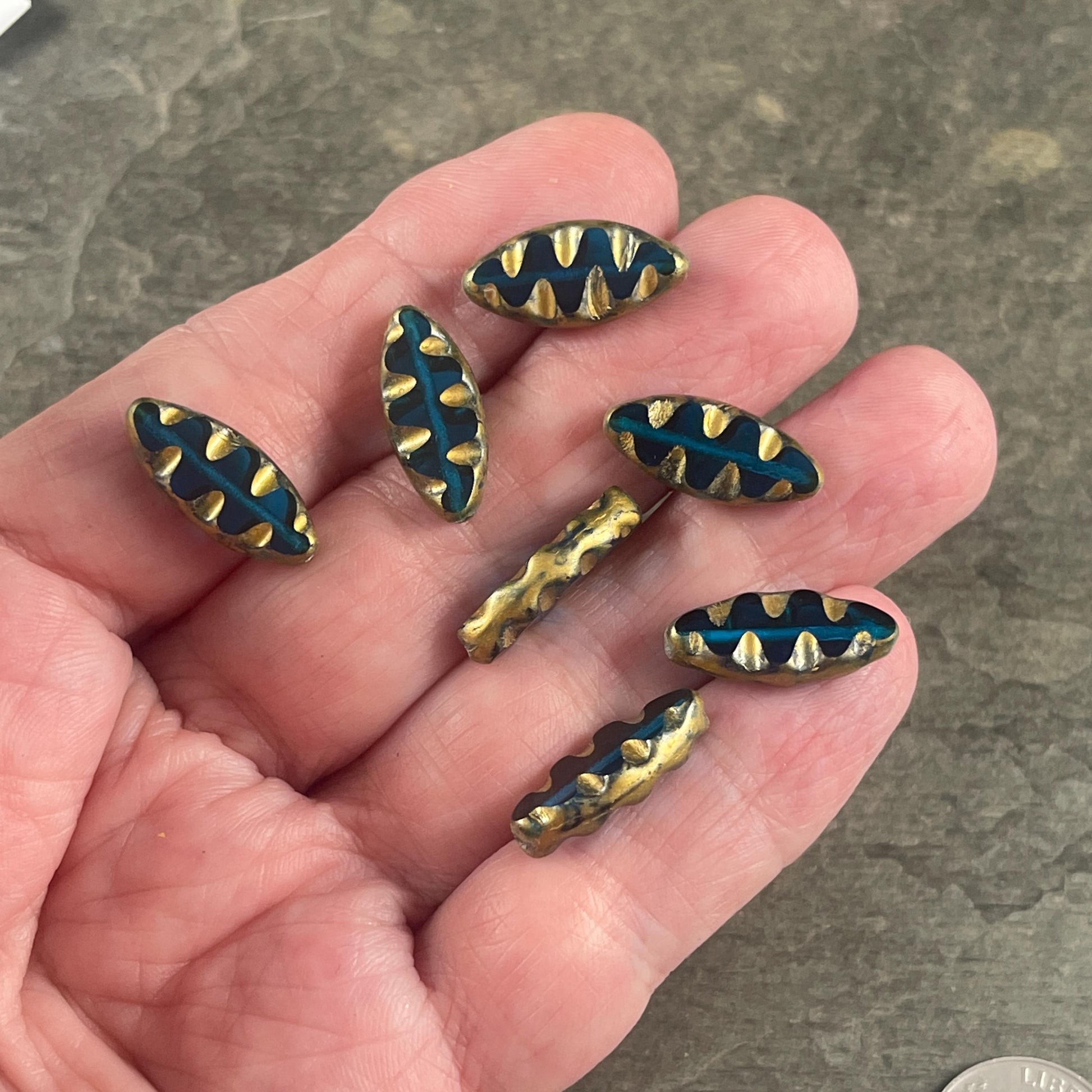 Czech Glass Beads - Capri Blue and Gold Oval Spindle Bead, 17x8mm Table Cut Spindle (TSpndl-13) * Qty. 8