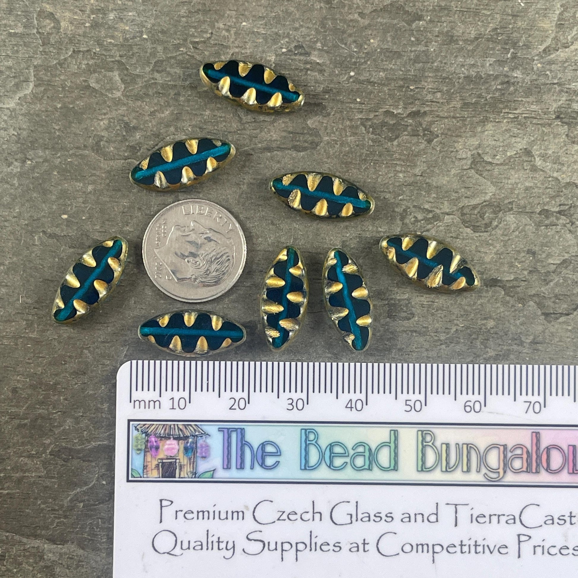 Czech Glass Beads - Capri Blue and Gold Oval Spindle Bead, 17x8mm Table Cut Spindle (TSpndl-13) * Qty. 8