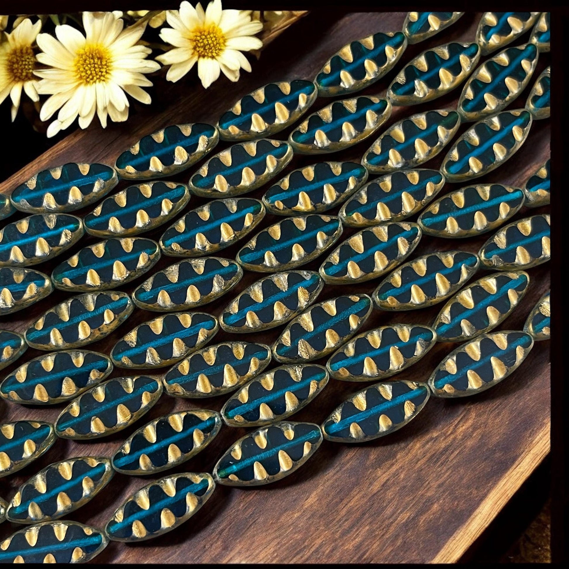 Czech Glass Beads - Capri Blue and Gold Oval Spindle Bead, 17x8mm Table Cut Spindle (TSpndl-13) * Qty. 8