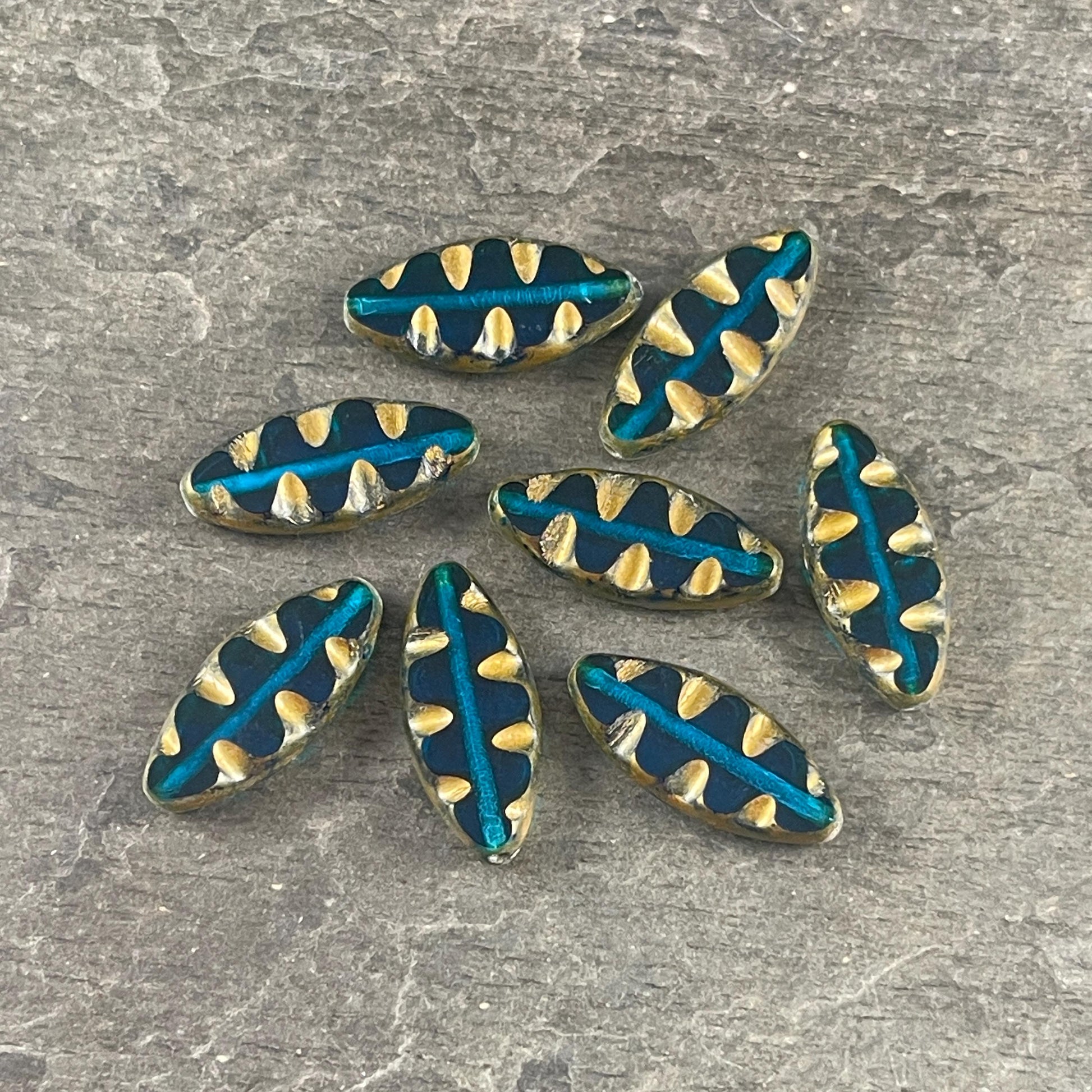 Czech Glass Beads - Capri Blue and Gold Oval Spindle Bead, 17x8mm Table Cut Spindle (TSpndl-13) * Qty. 8