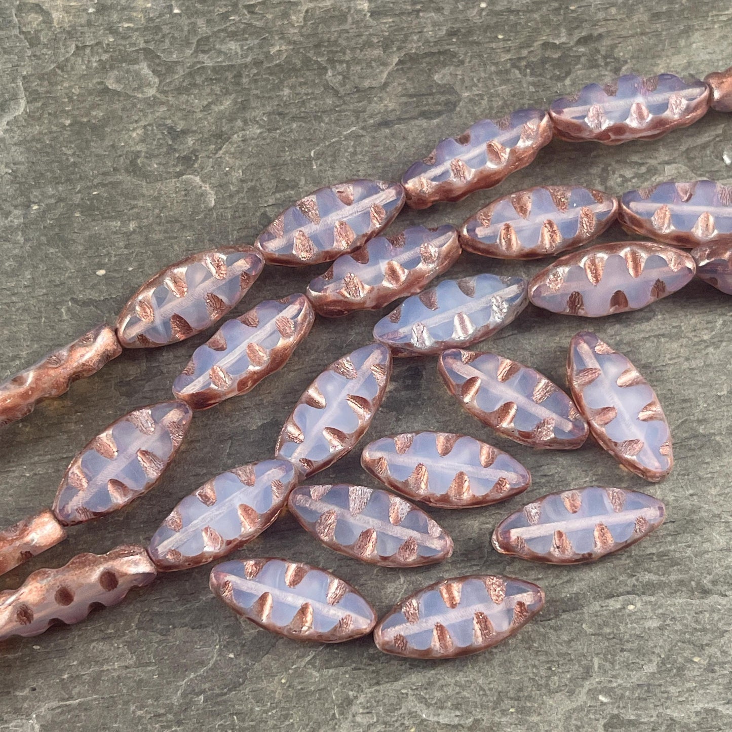 Czech Glass Beads - Pale Periwinkle Opal with Copper Picasso Oval Spindle Bead, 17x8mm Table Cut Spindle (TSpndl-15) * Qty. 8
