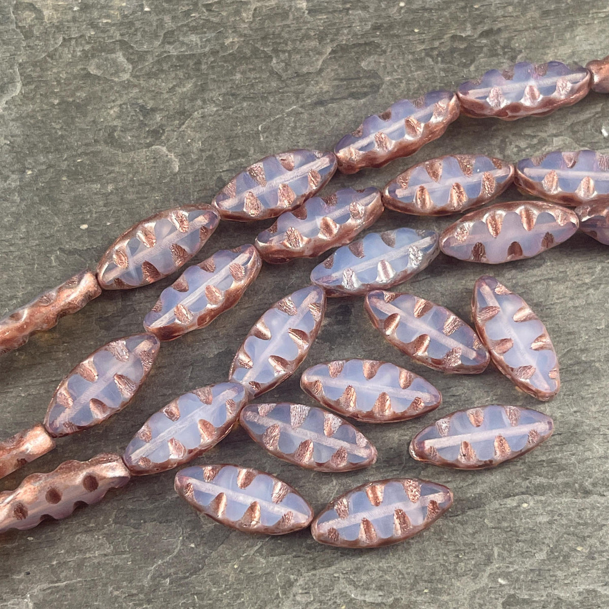 Czech Glass Beads - 17x8mm Table Cut Spindle, Pale Periwinkle Opal with Copper Picasso (TSpndl-15) * Qty. 8