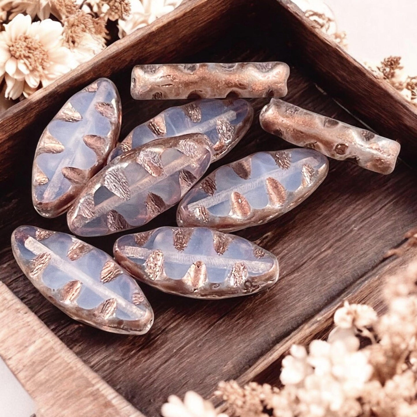 Czech Glass Beads - 17x8mm Table Cut Spindle, Pale Periwinkle Opal with Copper Picasso (TSpndl-15) * Qty. 8