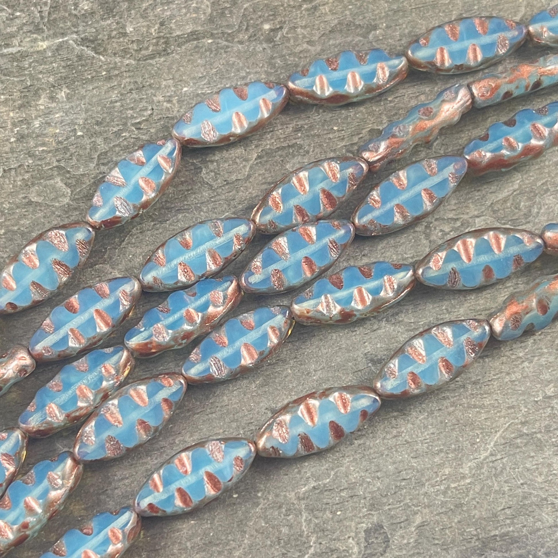 Czech Glass Beads - Pale Blue Opal with Copper Picasso Oval Spindle Bead, 17x8mm Table Cut Spindle (TSpndl-16) * Qty. 8