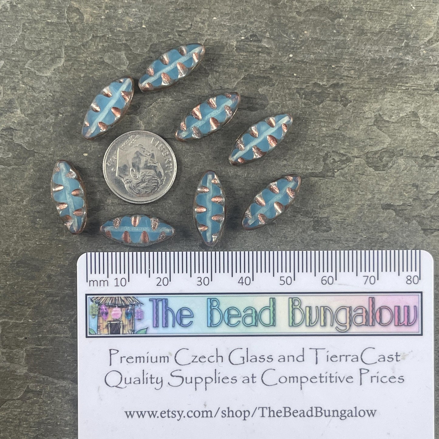Czech Glass Beads - Pale Blue Opal with Copper Picasso Oval Spindle Bead, 17x8mm Table Cut Spindle (TSpndl-16) * Qty. 8