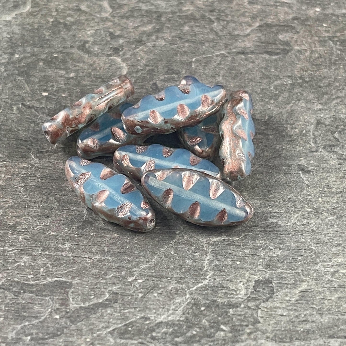 Czech Glass Beads - Pale Blue Opal with Copper Picasso Oval Spindle Bead, 17x8mm Table Cut Spindle (TSpndl-16) * Qty. 8