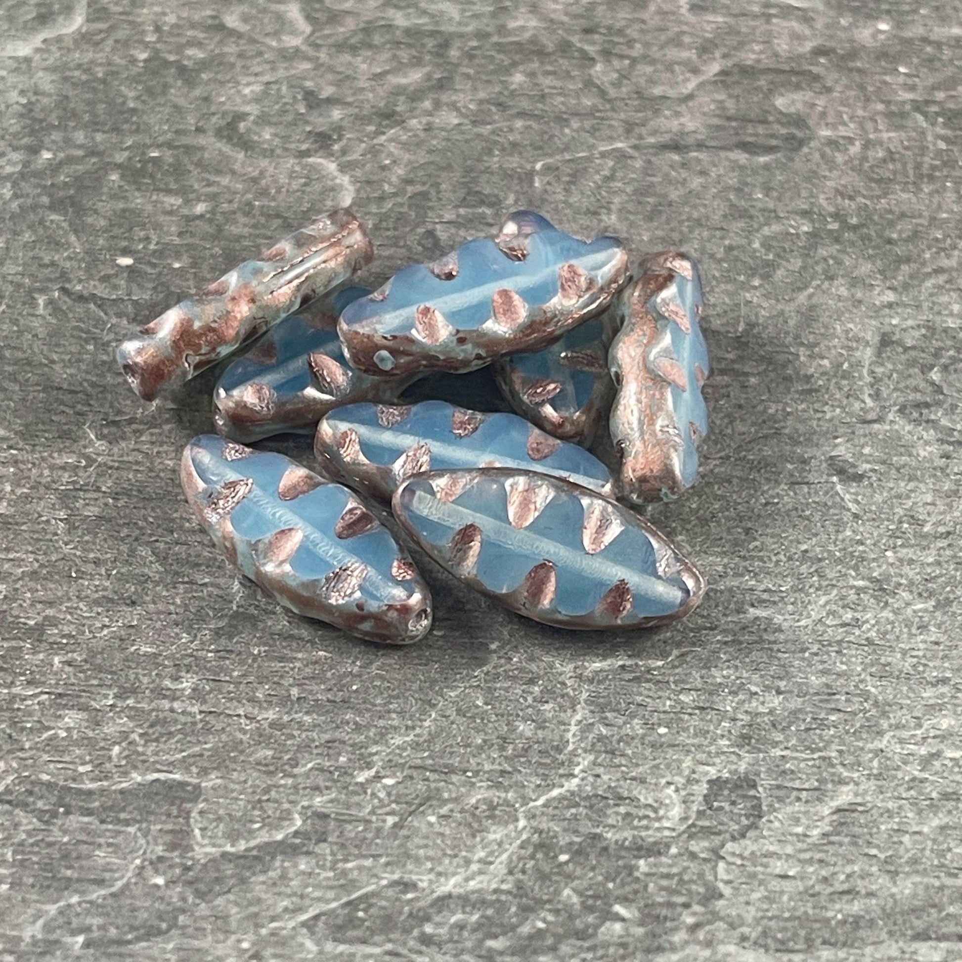 Czech Glass Beads - Pale Blue Opal with Copper Picasso Oval Spindle Bead, 17x8mm Table Cut Spindle (TSpndl-16) * Qty. 8