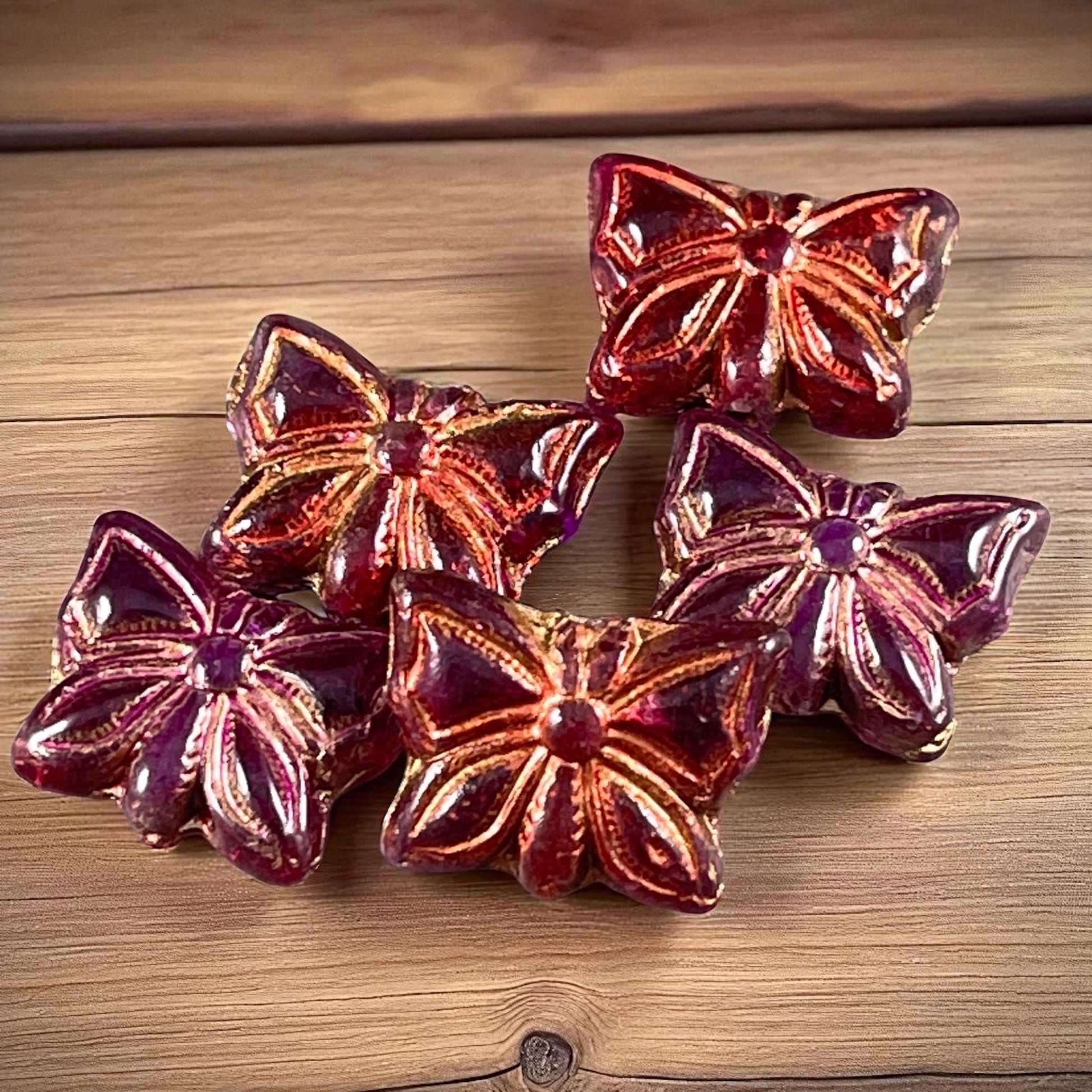 Czech Glass Beads, 15x12mm Double-Sided Butterfly Bead, Fuchsia Butterflies with Copper Wash (Bfly-10) * Qty. 6