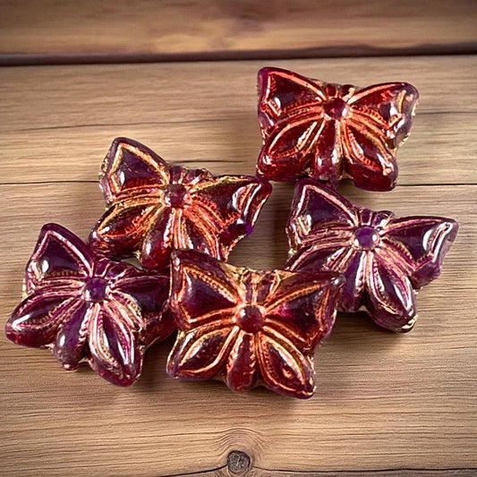Czech Glass Butterfly Beads, 15x12mm Double-Sided, Fuchsia Butterflies with Copper Wash (Bfly-10) * Qty. 6