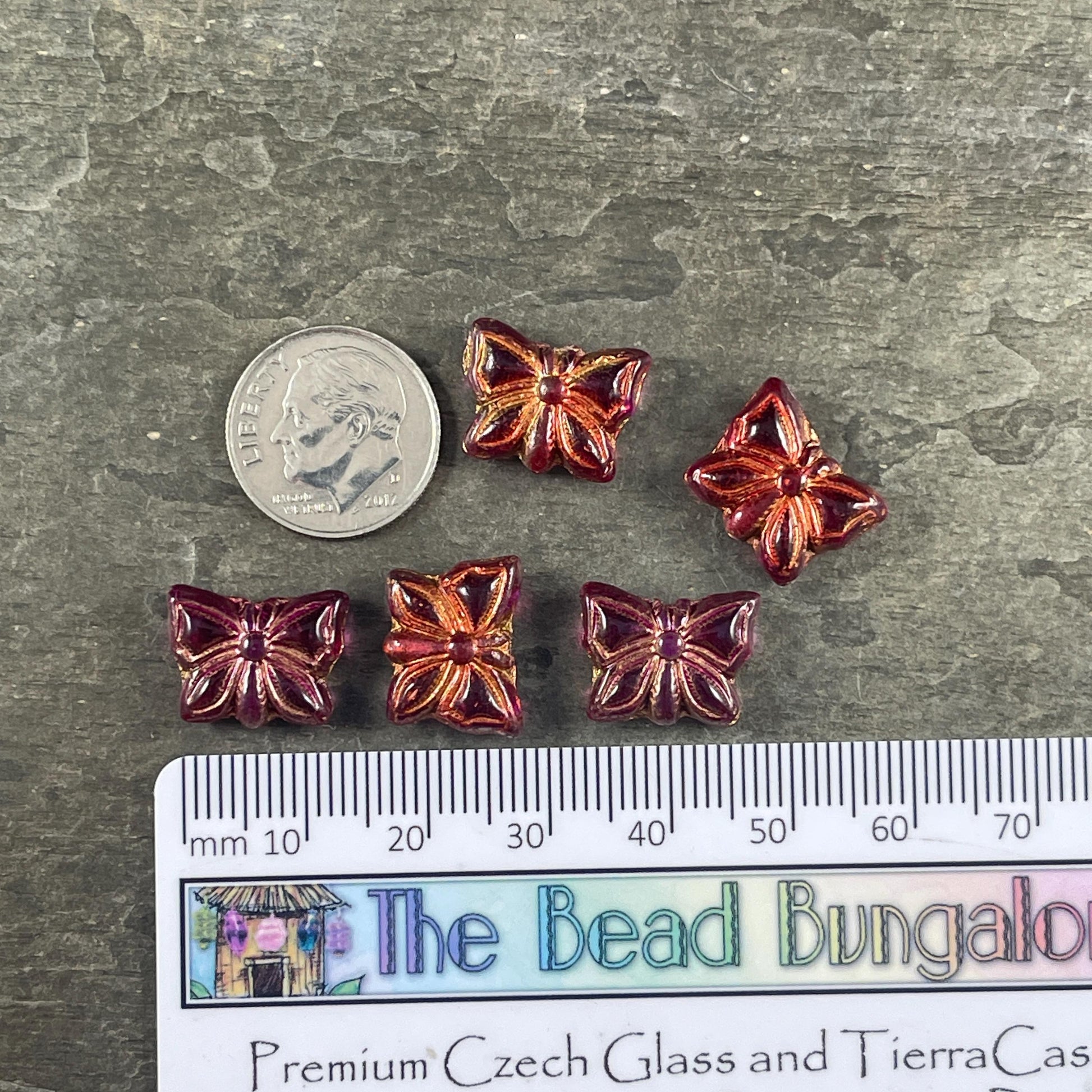 Czech Glass Butterfly Beads, 15x12mm Double-Sided, Fuchsia Butterflies with Copper Wash (Bfly-10) * Qty. 6