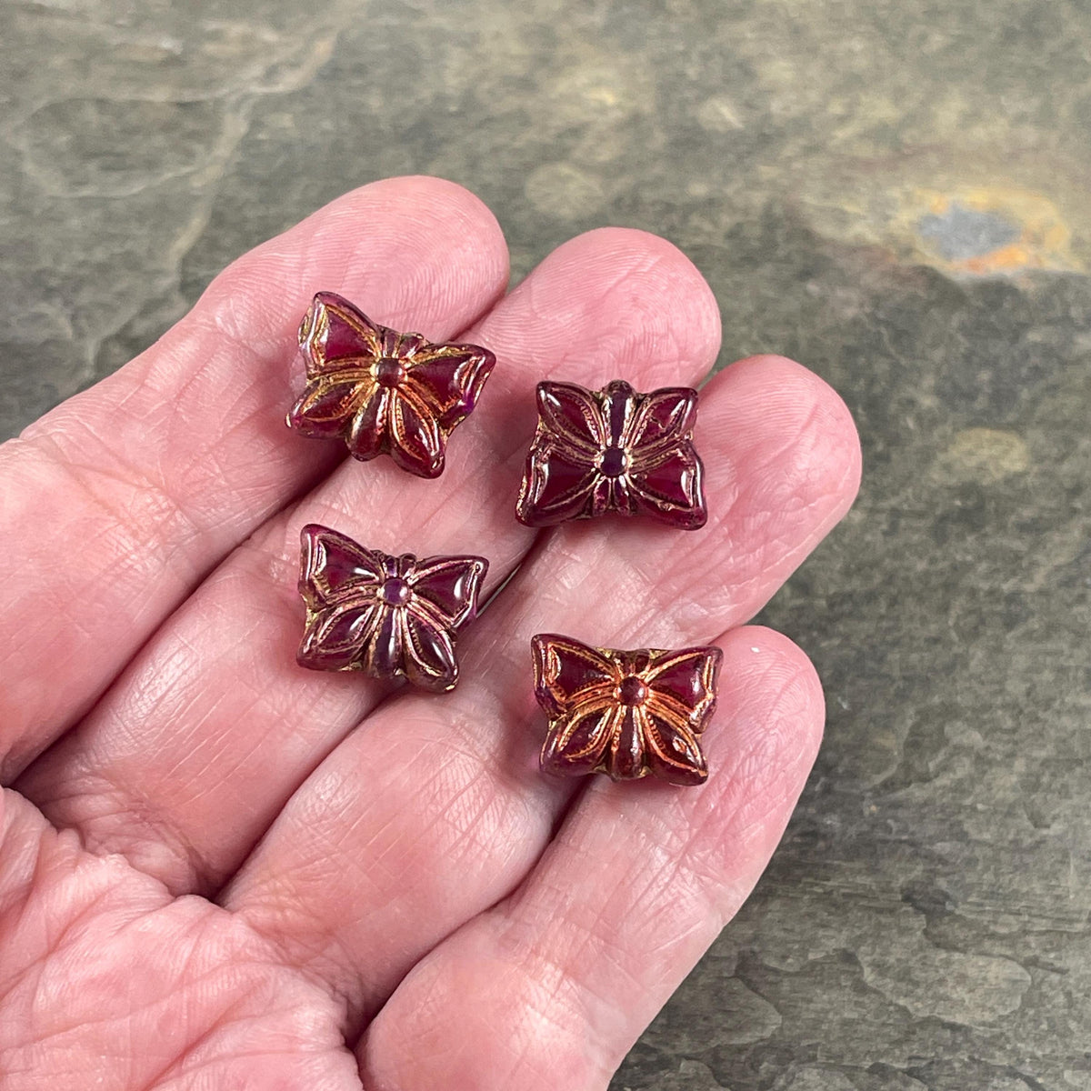 Czech Glass Butterfly Beads, 15x12mm Double-Sided, Fuchsia Butterflies with Copper Wash (Bfly-10) * Qty. 6