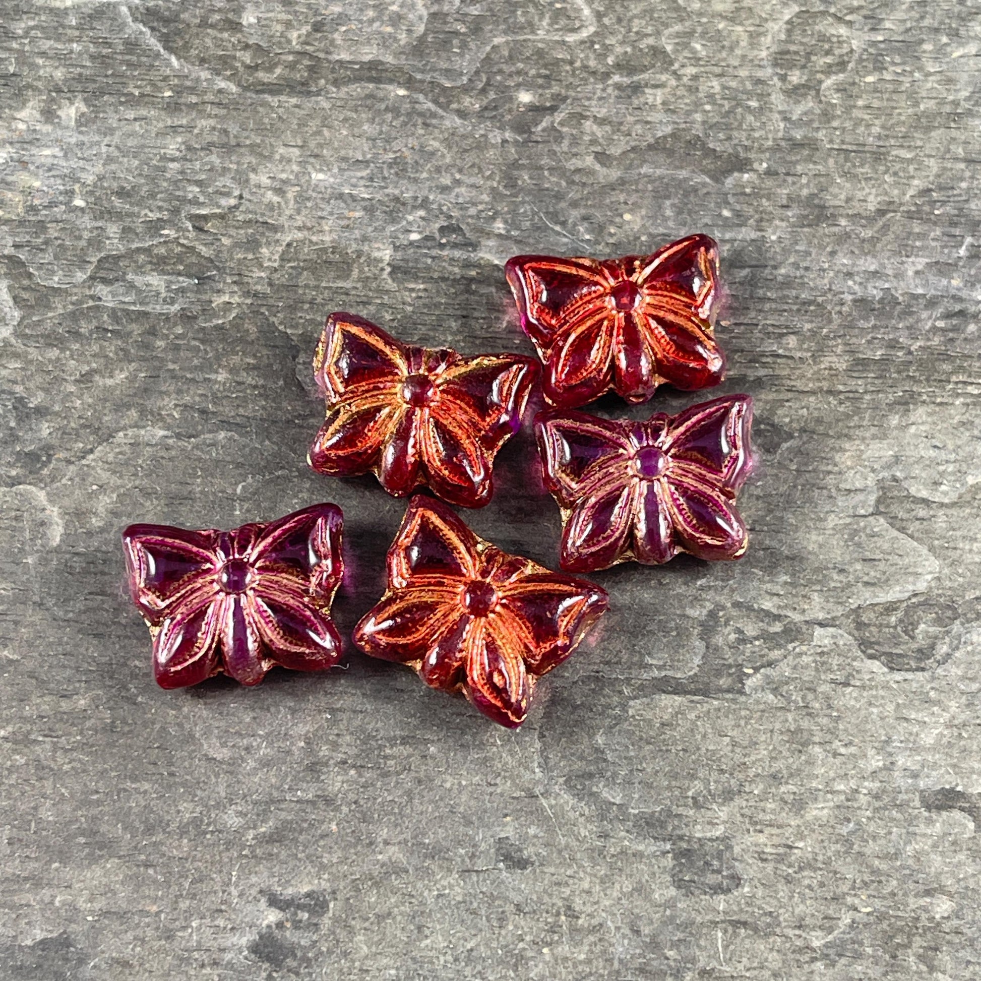 Czech Glass Butterfly Beads, 15x12mm Double-Sided, Fuchsia Butterflies with Copper Wash (Bfly-10) * Qty. 6