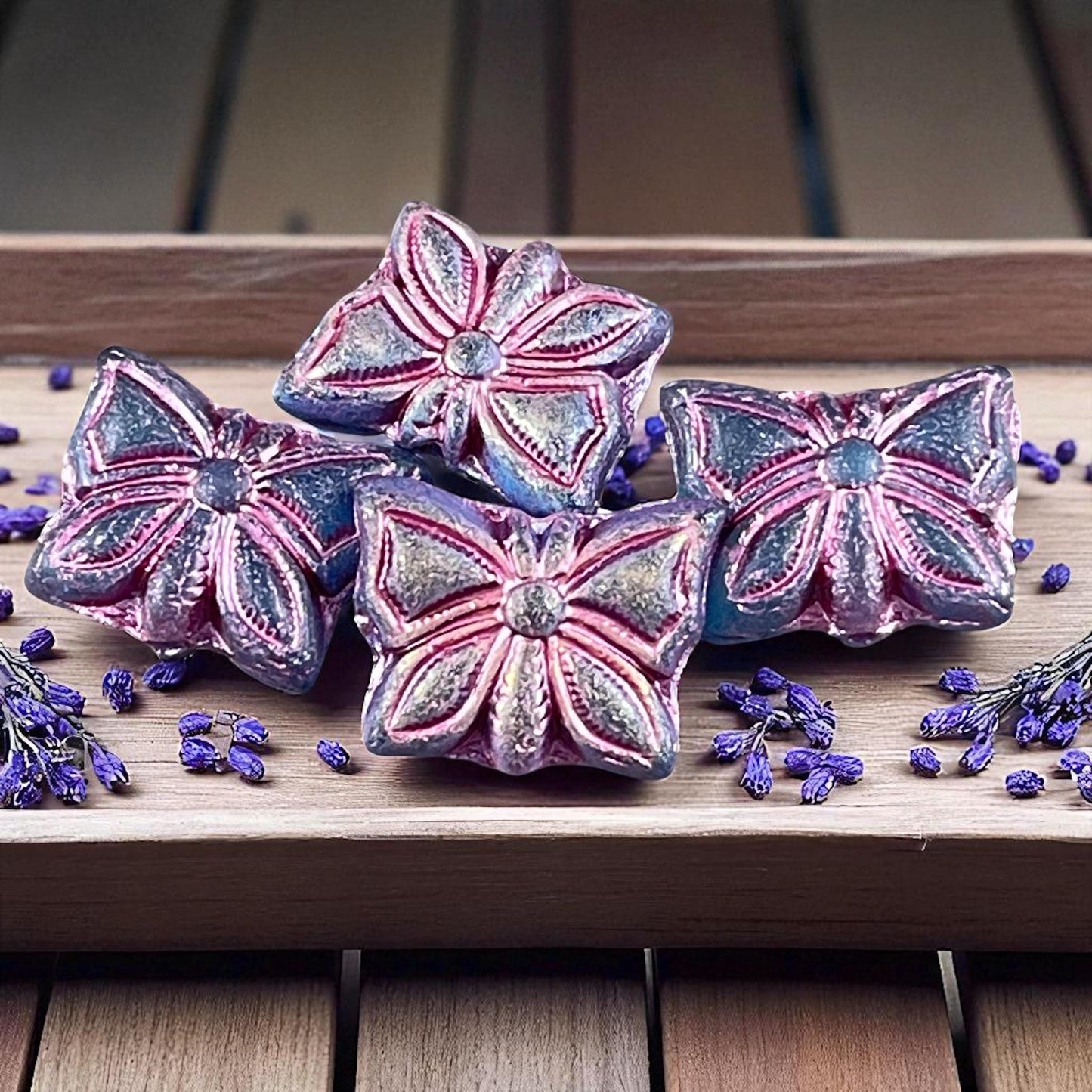 Czech Glass Beads, 15x12mm Double-Sided Butterfly Bead, Matte Royal Blue with Metallic Pink Wash (Bfly-9) * Qty. 6