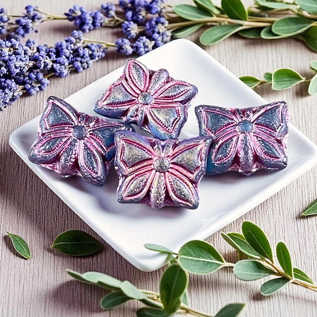 Czech Glass Butterfly Beads, 15x12mm Double-Sided, Matte Royal Blue with Metallic Pink Wash (Bfly-9) * Qty. 6