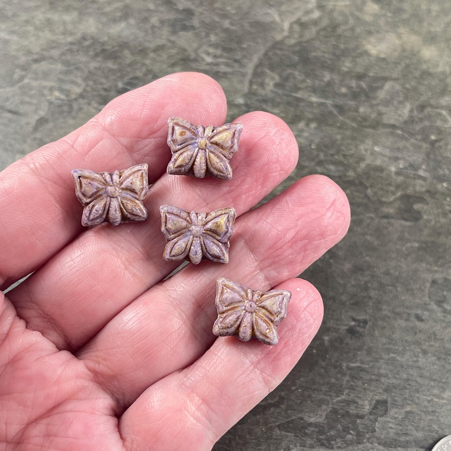 Czech Glass Beads, 15x12mm Double-Sided Butterfly Bead, Alabaster with Lavender Picasso (Bfly-6) * Qty. 6