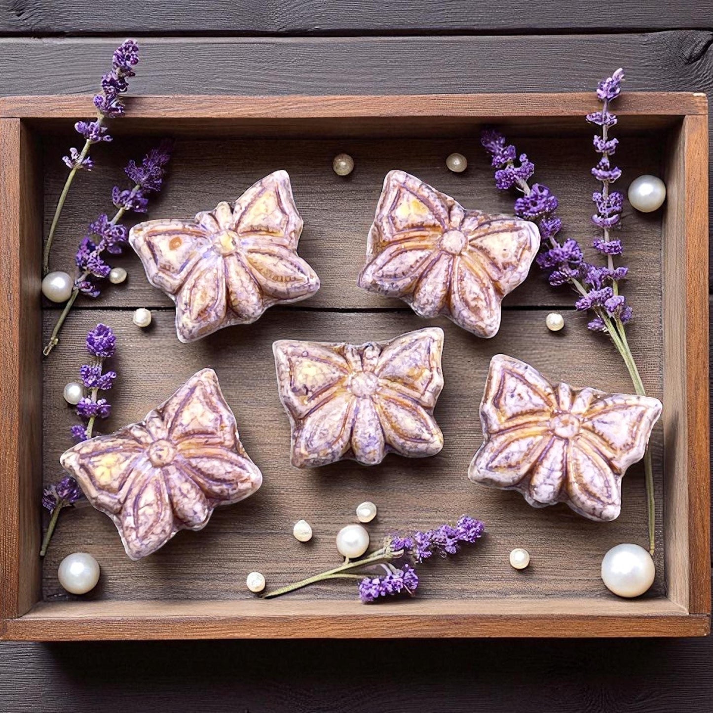 Czech Glass Beads, 15x12mm Double-Sided Butterfly Bead, Alabaster with Lavender Picasso (Bfly-6) * Qty. 6