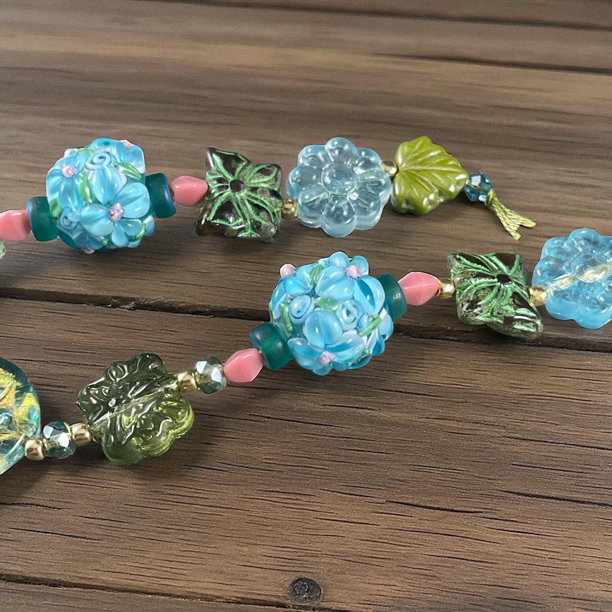 Czech Glass Beads with Lampwork Glass, Light Blue and Olive Green Nature Theme with Flowers and Butterflies * (CB829.11)