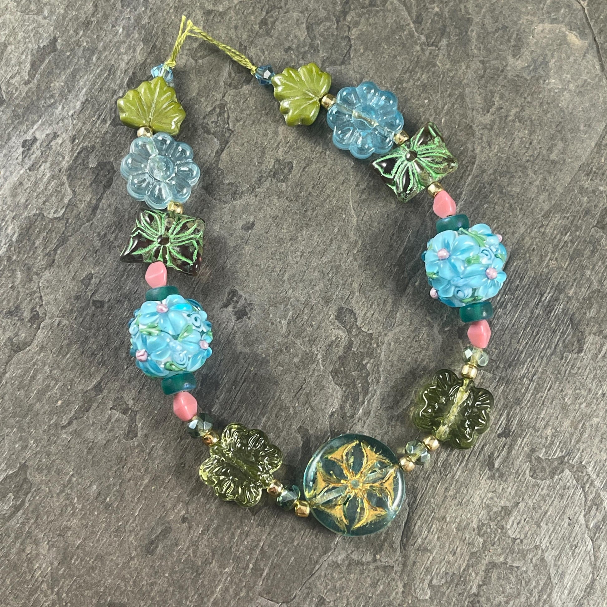 Czech Glass Beads with Lampwork Glass, Light Blue and Olive Green Nature Theme with Flowers and Butterflies * (CB829.11)