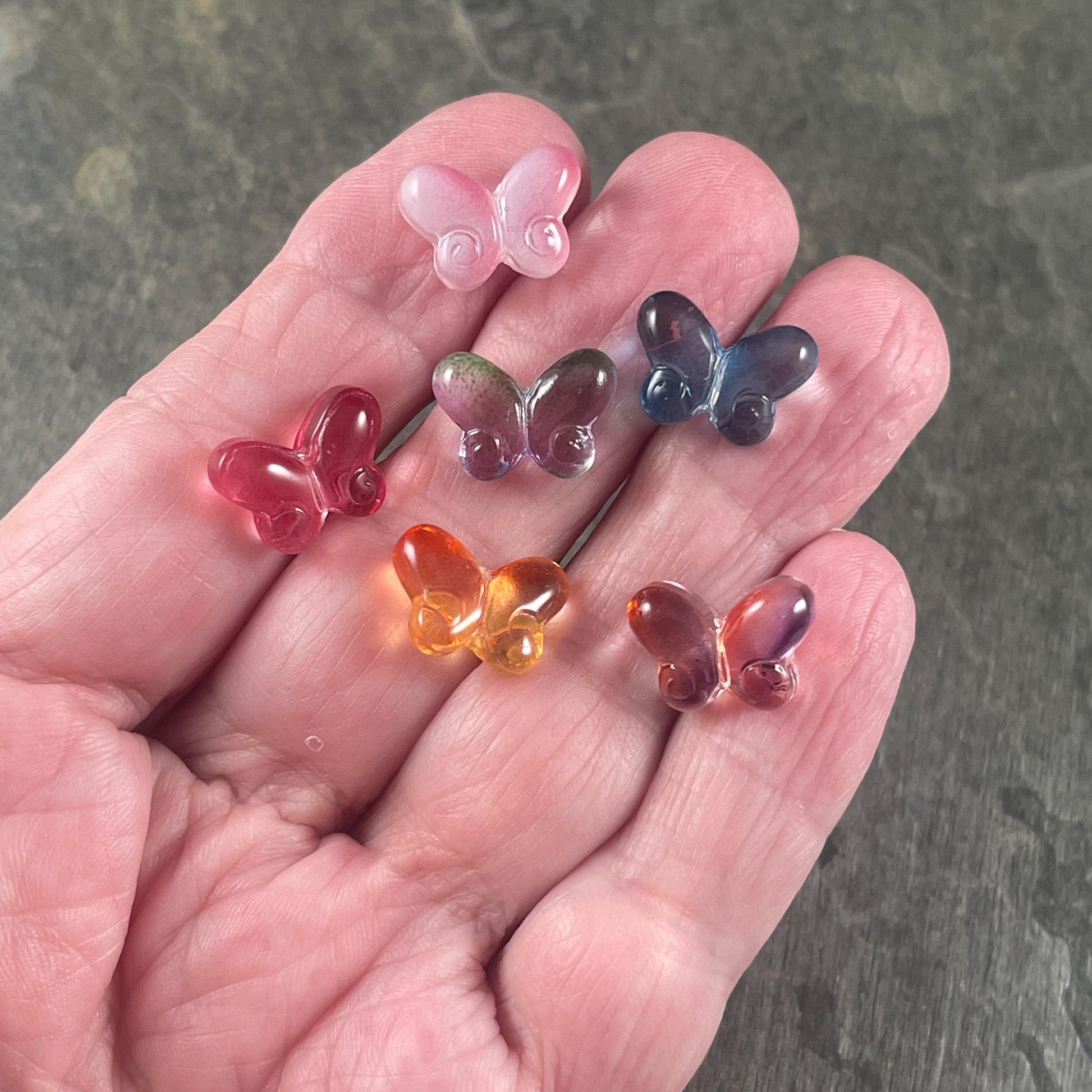 Colorful Mix of Glass Butterfly Beads, Blue, Pink, Orange, Green, Purple - 14mm Puffy Butterfly Bead Pairs * Qty. 12