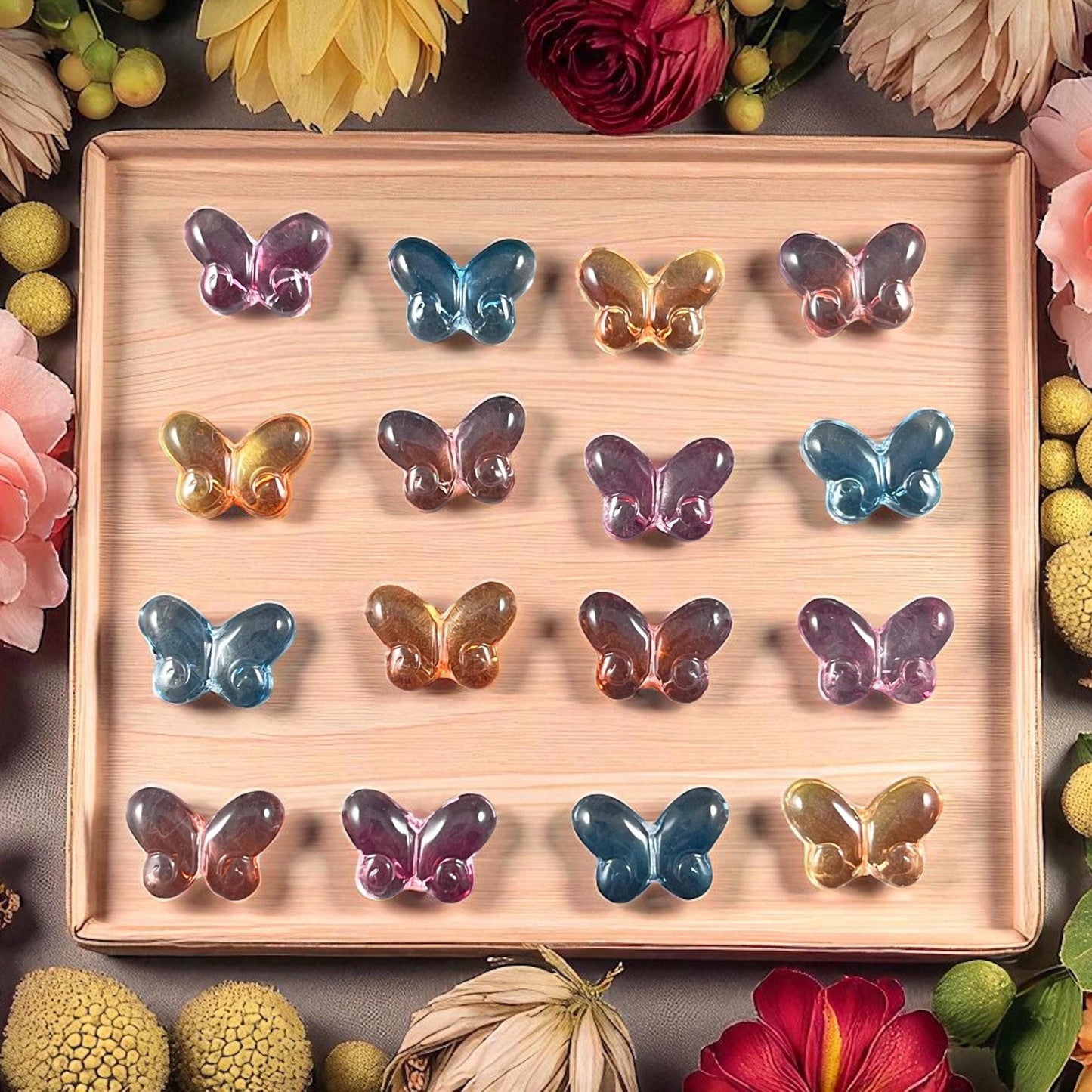 Colorful Mix of Glass Butterfly Beads, Blue, Pink, Orange, Purple - 14mm Puffy Butterfly Bead Pairs * Qty. 16