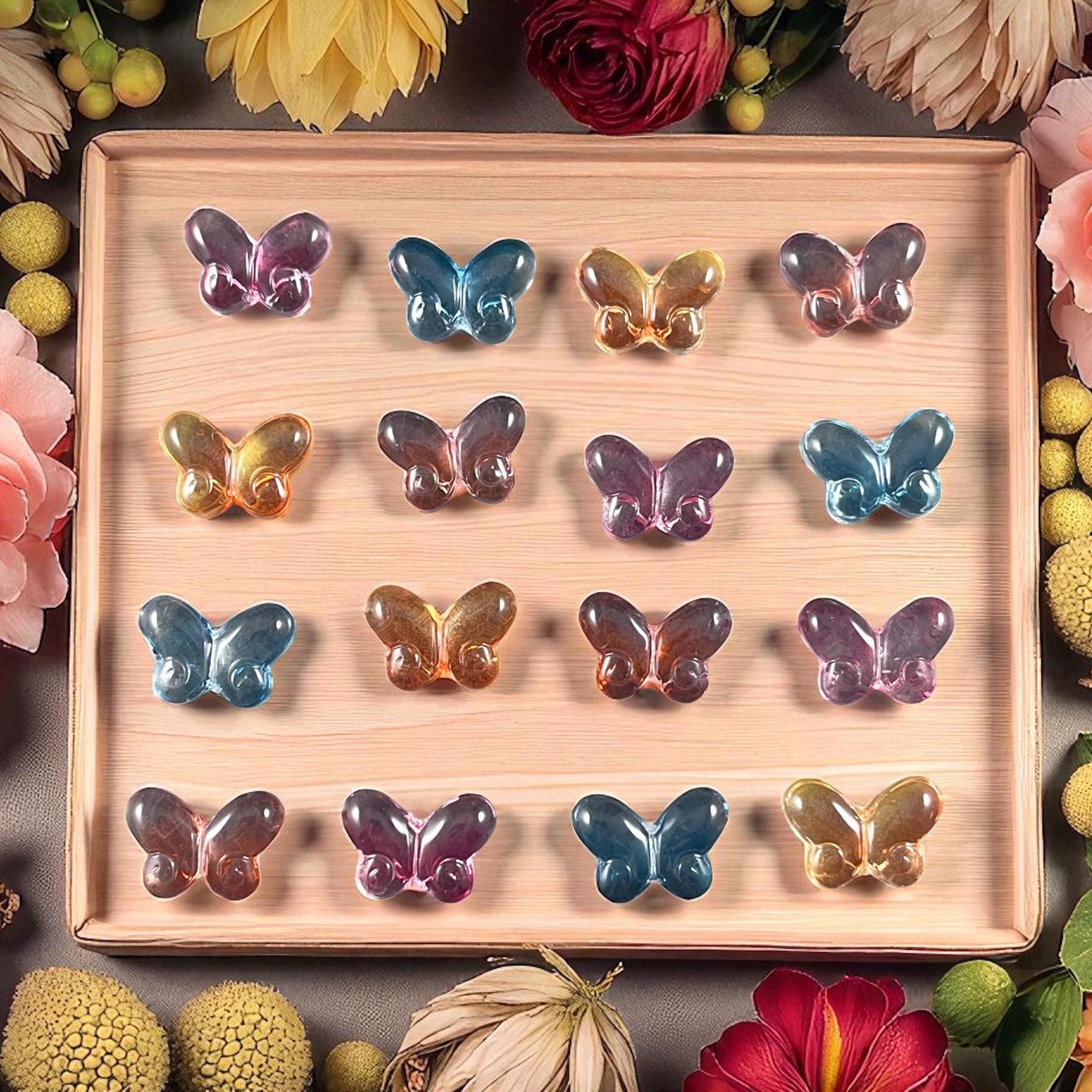 Colorful Mix of Glass Butterfly Beads, Blue, Pink, Orange, Purple - 14mm Puffy Butterfly Bead Pairs * Qty. 16