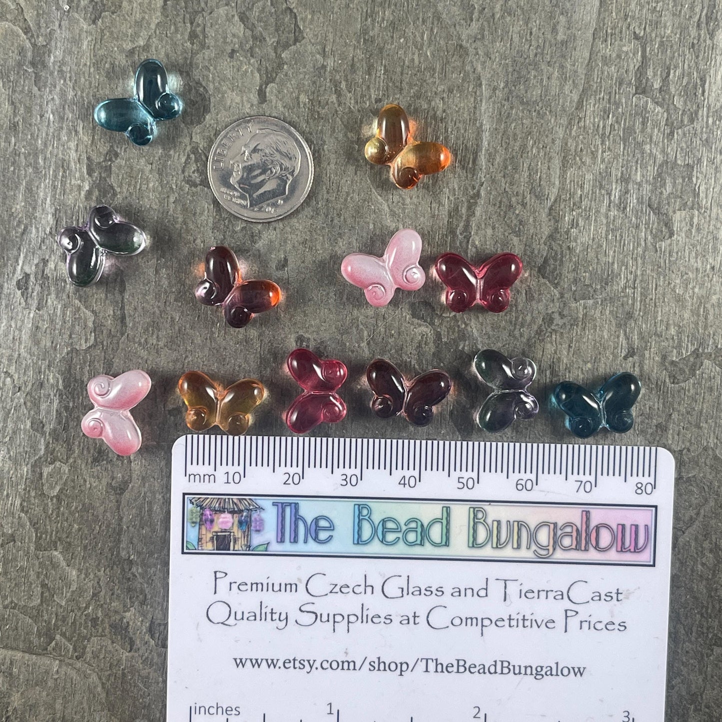 Colorful Mix of Glass Butterfly Beads, Blue, Pink, Orange, Green, Purple - 14mm Puffy Butterfly Bead Pairs * Qty. 12