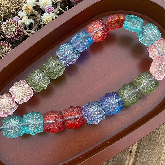 14mm Square Glass Beads, Floral Theme with Butterfly Design, Colorful Mix, Beads for Crafts and Jewelry * 20 Beads