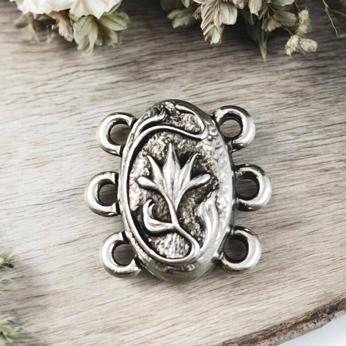 NEW - TierraCast Blossom Collection Magnetic Clasp, Antiqued Silver 15mm Oval Shape 3-Strand Clasp for Jewelry (PF/15212-77) * Qty. 1