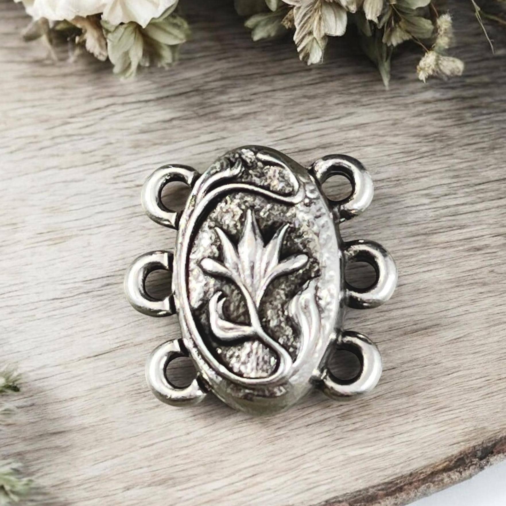 NEW - TierraCast Blossom Collection Magnetic Clasp, Antiqued Silver 15mm Oval Shape 3-Strand Clasp for Jewelry (PF/15212-77) * Qty. 1