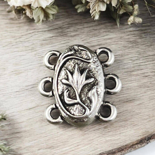 NEW - TierraCast Blossom Collection Magnetic Clasp, Antiqued Silver 15mm Oval Shape 3-Strand Clasp for Jewelry (PF/15212-77) * Qty. 1