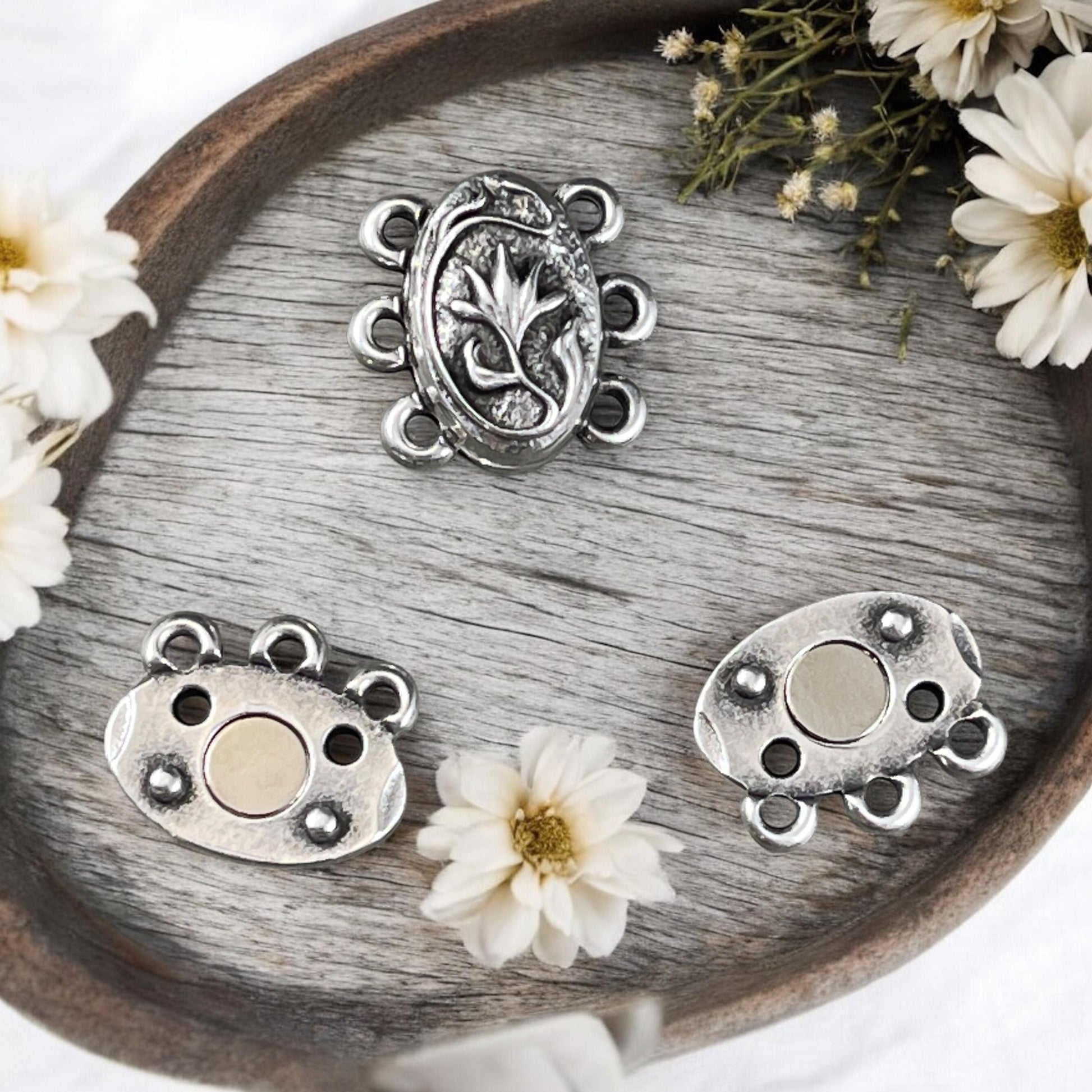 NEW - TierraCast Blossom Collection Magnetic Clasp, Antiqued Silver 15mm Oval Shape 3-Strand Clasp for Jewelry (PF/15212-77) * Qty. 1